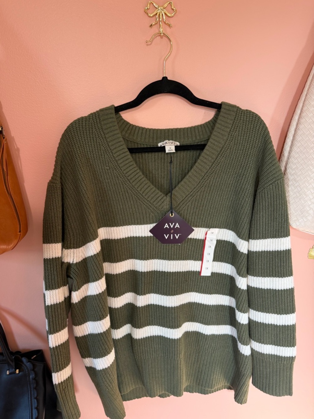 Olive Green & White Striped V-Neck Sweater